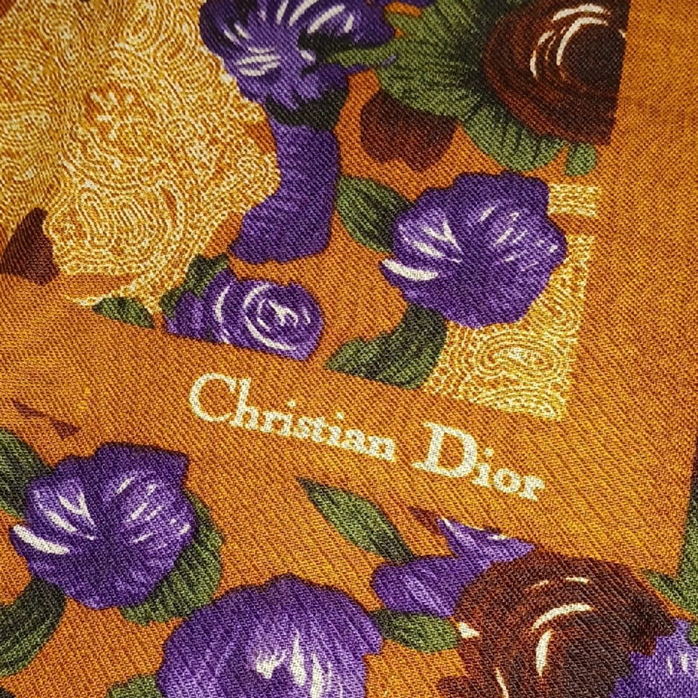 Christian Dior Large Floral Scarf With Fringes